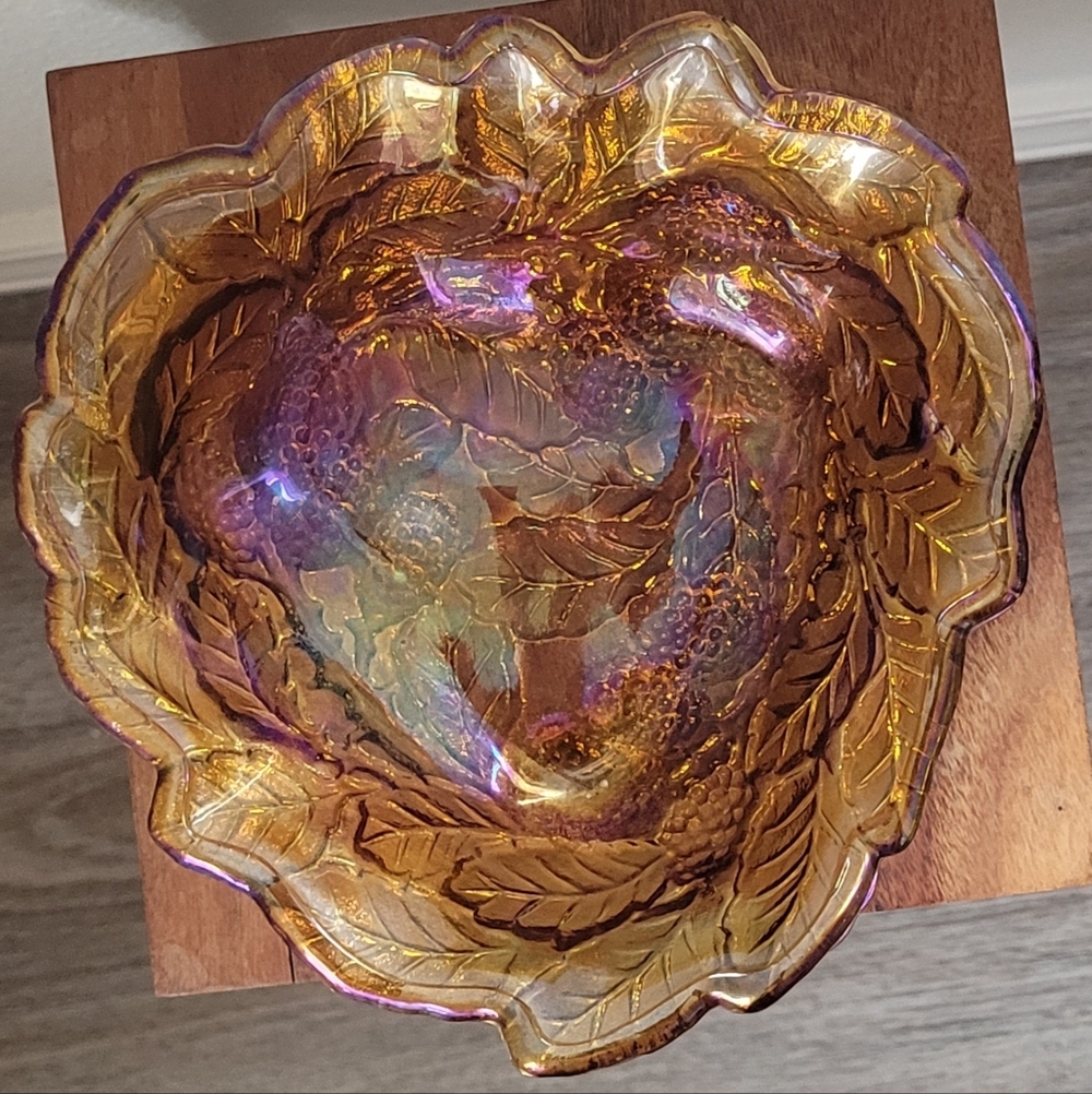 Vintage Indiana Glass Loganberry Iridescent Amber Carnival Glass Bowl